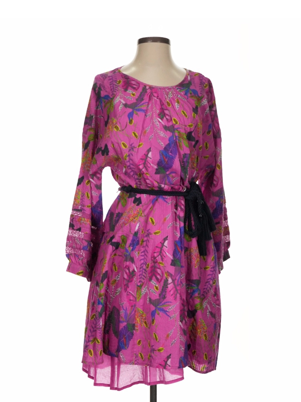 Tanya Taylor Pink Floral Long-Sleeve Dress with Black Rope Belt